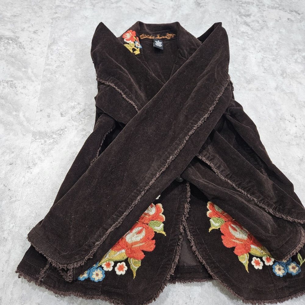 Vintage Y2k Kitkit Jeans Embroidered Brown Corduroy Jacket Shabby Chic Medium - Picture 11 of 16